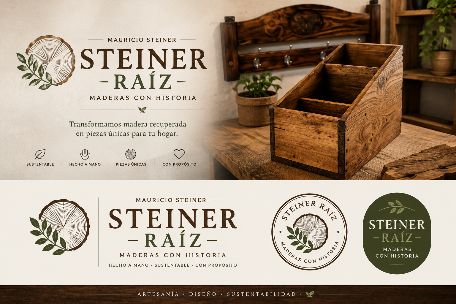 Identidad de marca El Rustico: logotipo, isotipo y muebles artesanales en madera recuperada